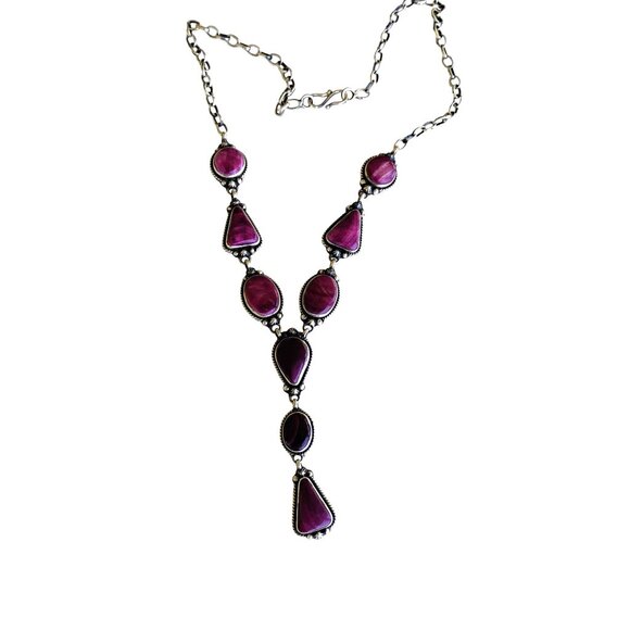 Southwest Purple Spiny Oyster Shell Sterling Silver Lariat Necklace Adjustable - Picture 4 of 8